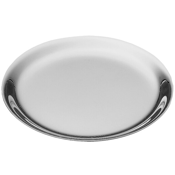 A white plate with a silver rim.