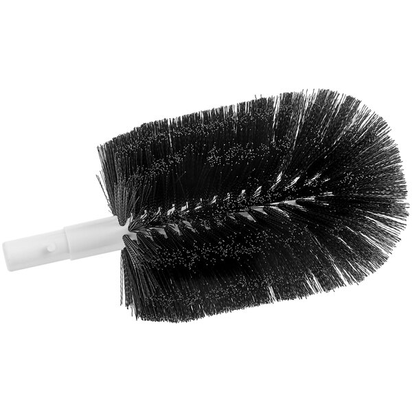 A black brush with long bristles and a white handle.