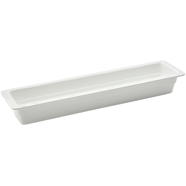 A white rectangular container with a white border and a handle.