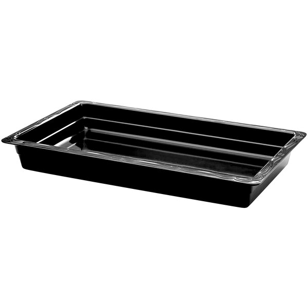 A black rectangular Elite Global Solutions melamine food pan with a decorative edge.