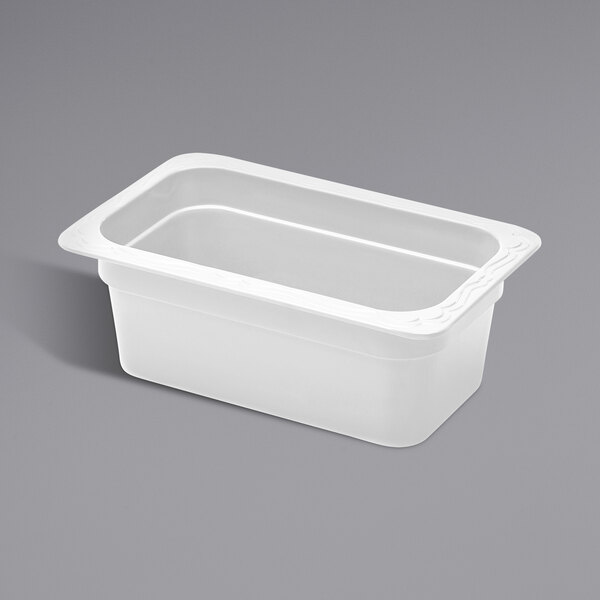 A white rectangular Elite Global Solutions melamine food pan with a lid.