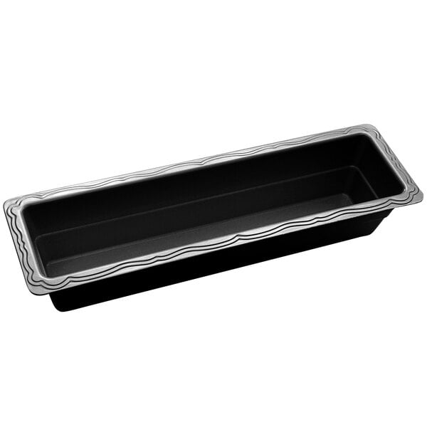 A black rectangular melamine food pan with a silver border.