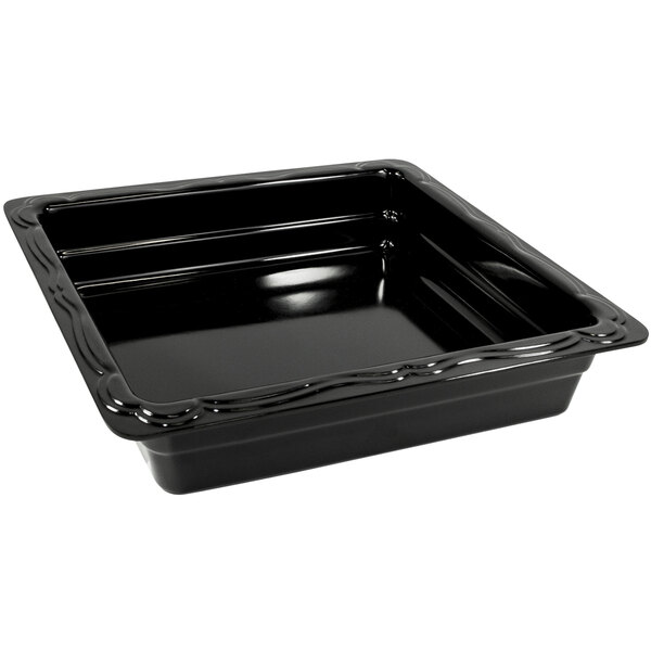 A black melamine food pan with a curved edge.