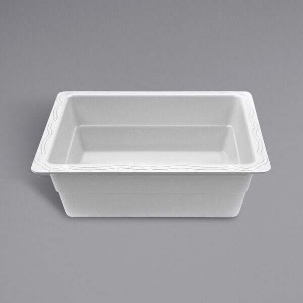 A white melamine food pan with a white border.