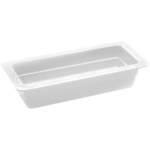 A white rectangular melamine food pan with a white border.