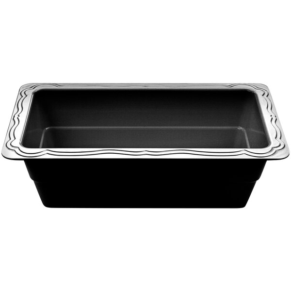 A black rectangular food pan with a silver rim.