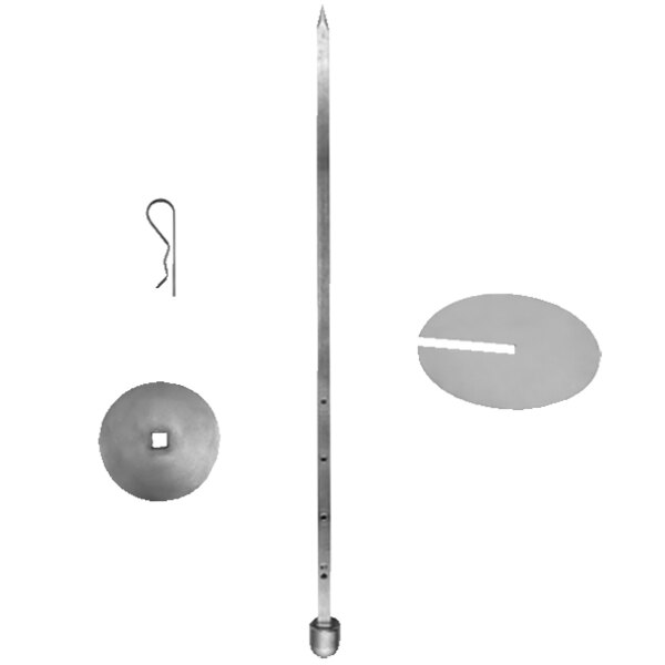 A long metal skewer with two round metal ends.
