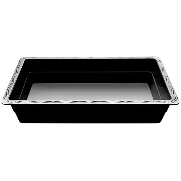 A black melamine food pan on a counter in a salad bar.