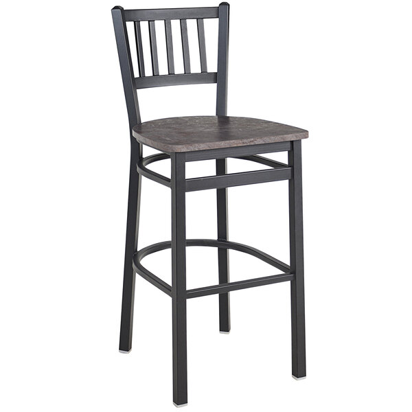 A BFM Seating black steel slat back barstool with a wooden seat.