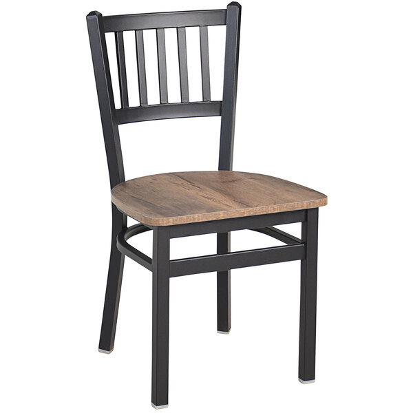 A black steel slat back chair from BFM Seating with a wood seat.