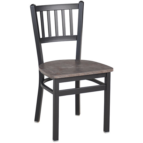 A black metal BFM Seating Troy slat back chair with a brown wooden seat.