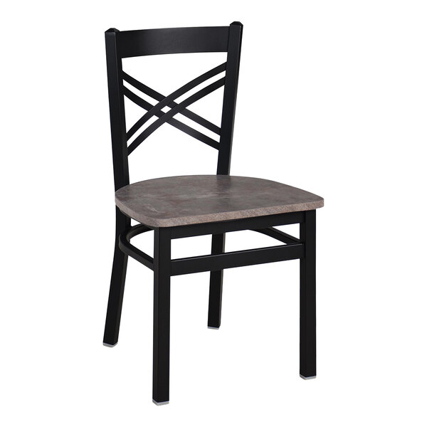 A black steel BFM Seating cross back chair with a brown seat.