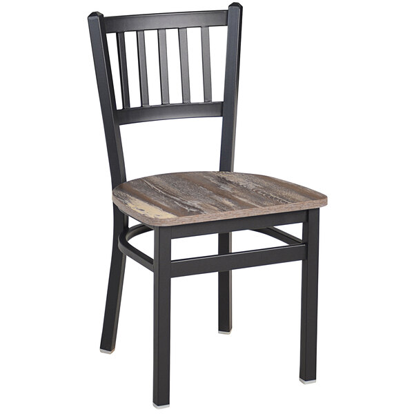 A BFM Seating black steel slat back chair with a wooden seat.