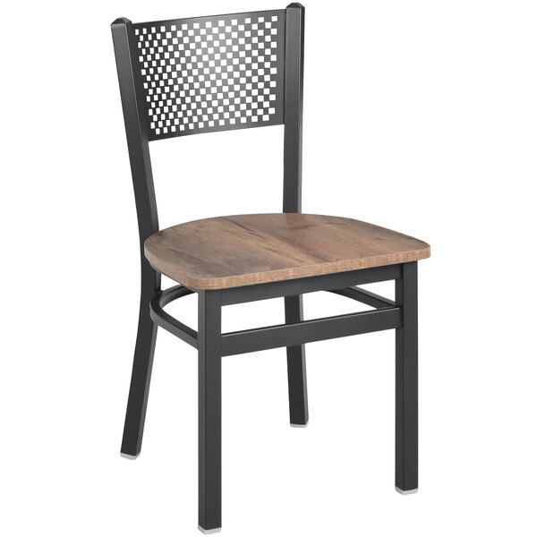 A BFM Seating metal chair with a perforated wood back and seat.