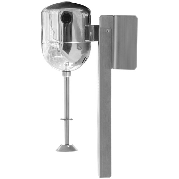 A SaniServ drink spinner with a round stainless steel lid and white front mounting bracket.
