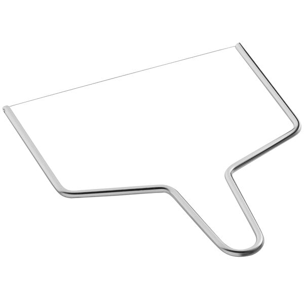 A white rectangular metal cheese cutter with a handle.