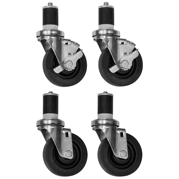Four SaniServ casters with black rubber wheels and chrome legs.