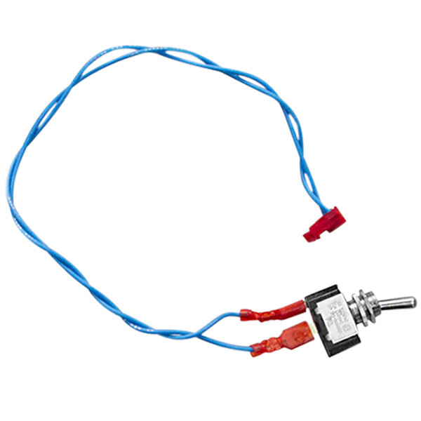 A blue wire with a switch and red and black wires.