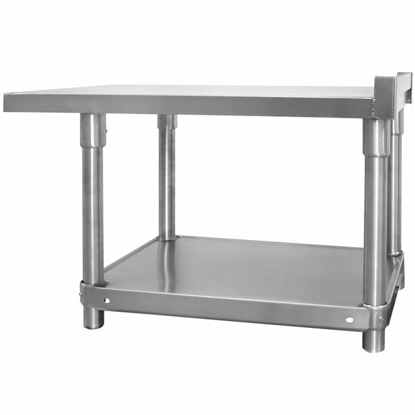 A stainless steel SaniServ equipment stand with two shelves.