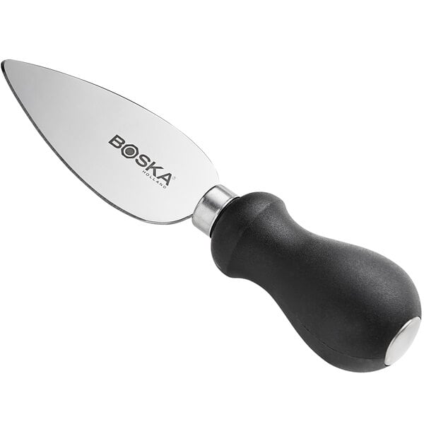 A close-up of a Boska stainless steel Parmesan knife with a black handle and silver blade.