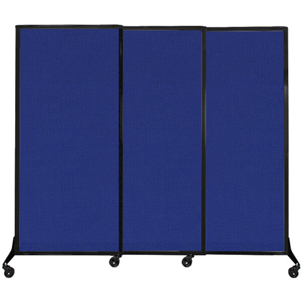 A blue rectangular Versare Quick-Wall room divider on wheels.