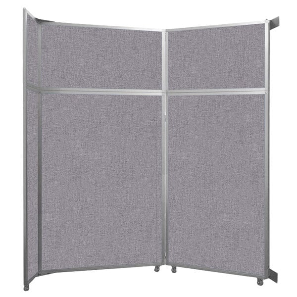 A grey Versare room divider with a metal frame.