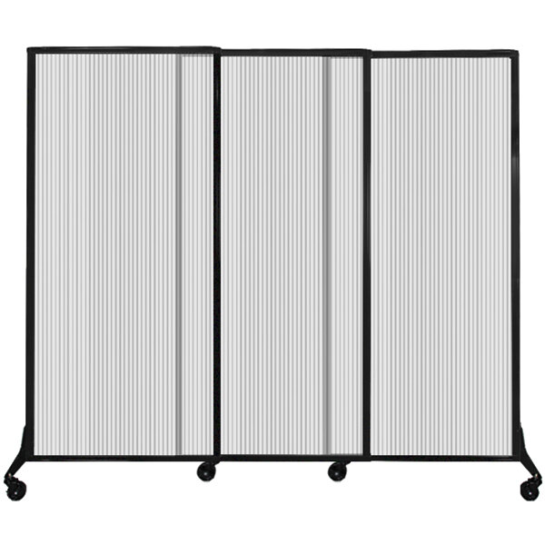 A clear poly three paneled screen on wheels.