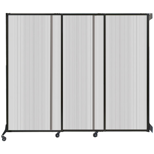 A clear poly wall-mounted sliding room divider with a white frame.