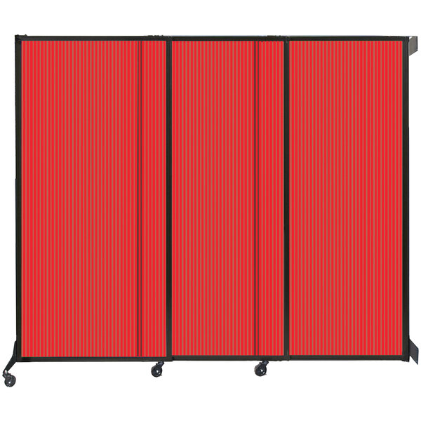 A red room divider with black wheels.