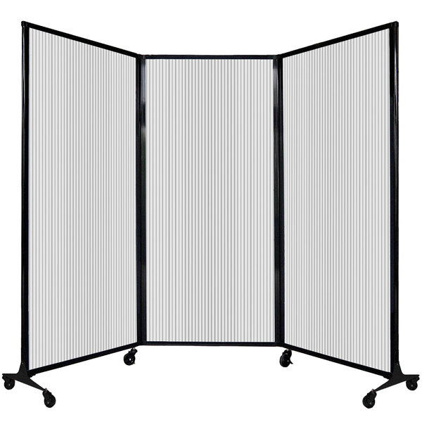 A Versare clear poly room divider on wheels.