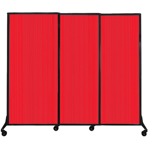 A red Versare Quick-Wall portable room divider with a black frame.