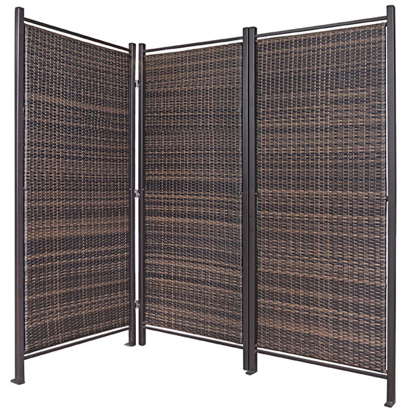 A brown wicker Versare outdoor partition with metal poles.