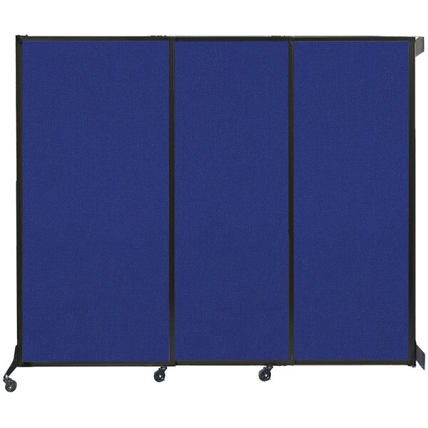 A Versare Royal Blue wall-mounted sliding room divider with a black frame.