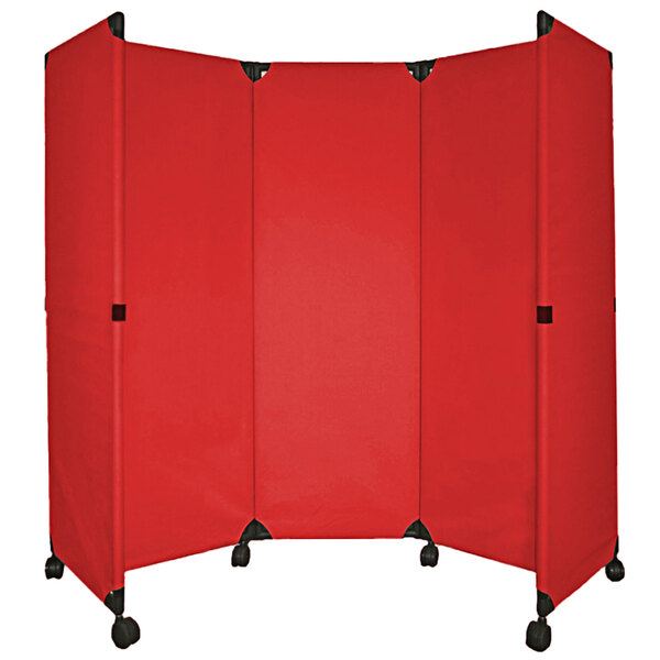 A red rectangular Versare MP10 folding partition with black corners and wheels.
