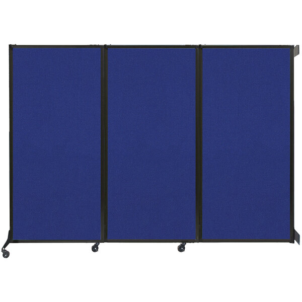 A Versare wall-mounted room divider with three blue panels.