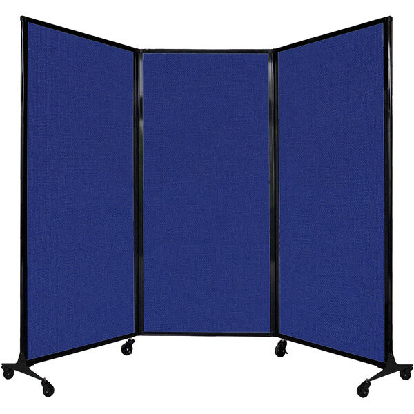 A Versare Royal Blue Quick-Wall room divider with wheels.