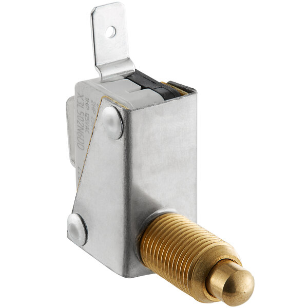 A metal micro switch with a brass knob.