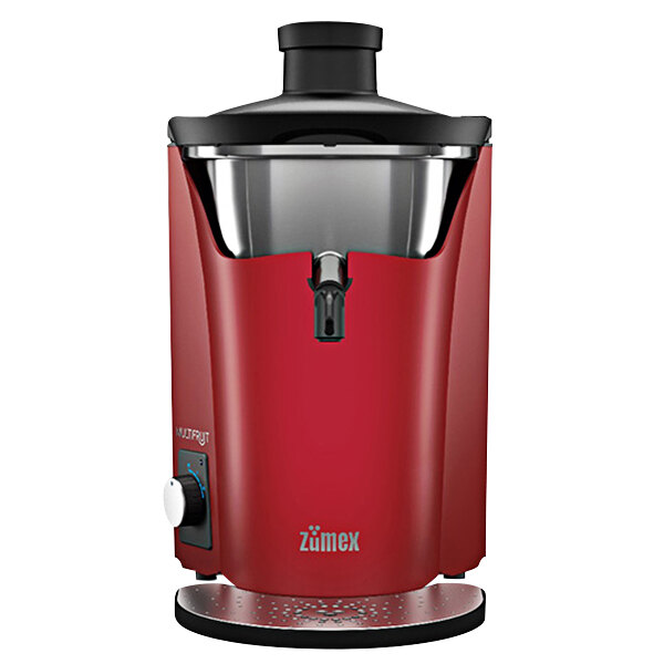 A red Zumex Multifruit juice extractor with a black lid and red handle.