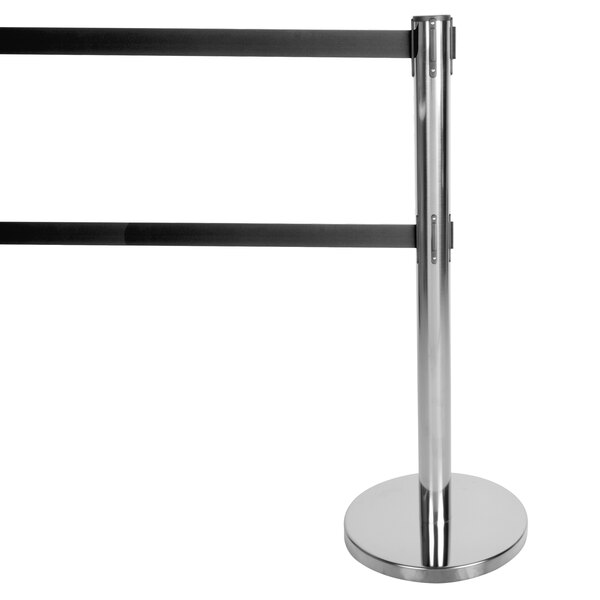 A chrome stanchion with black tape and a silver base.