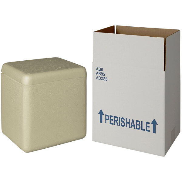 A white insulated shipping box with a biodegradable cooler inside.