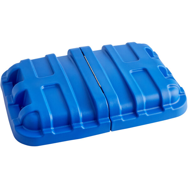 A blue plastic Lavex cube truck lid with a metal strip.