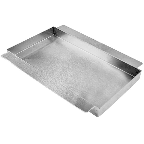 A stainless steel rectangular drip tray with a handle.