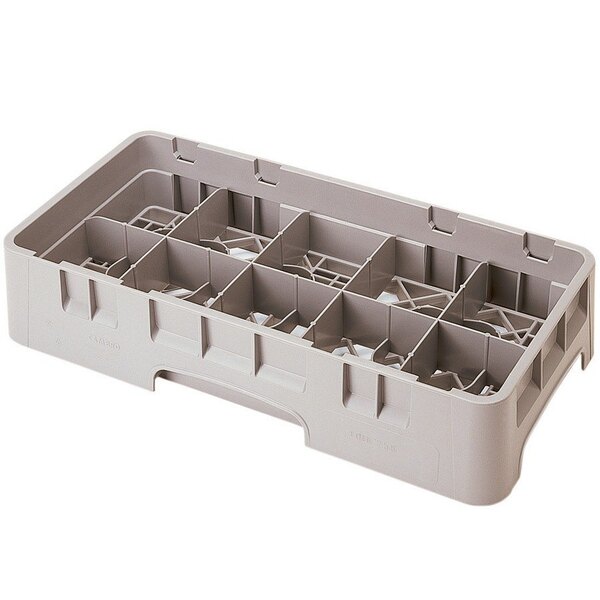 A beige plastic Cambro Camrack with 10 compartments and 6 extenders.
