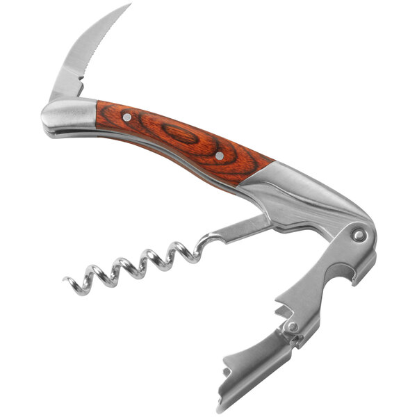 An American Metalcraft stainless steel waiter's corkscrew with a red pear wood handle and curved knife.
