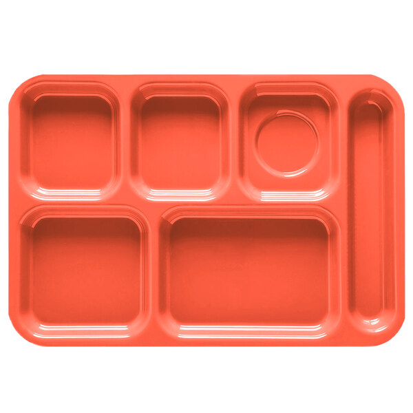 A Rio orange plastic tray with six compartments.