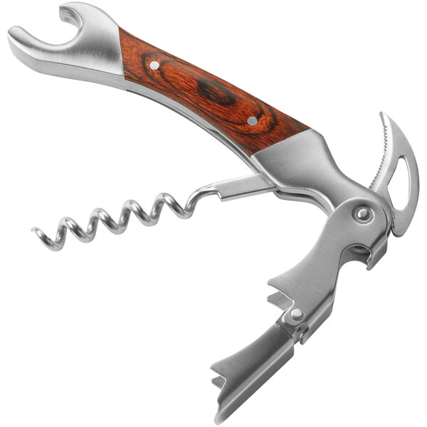 An American Metalcraft waiter's corkscrew with a mahogany wood handle.