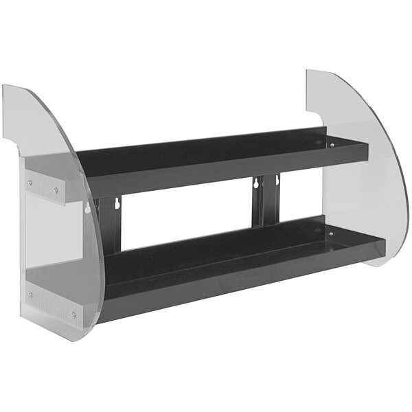 A black Beverage-Air front product display shelf with clear plastic.