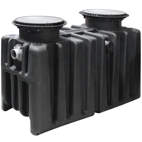 A black polyethylene Endura XL grease interceptor with two black covers and two pipes.
