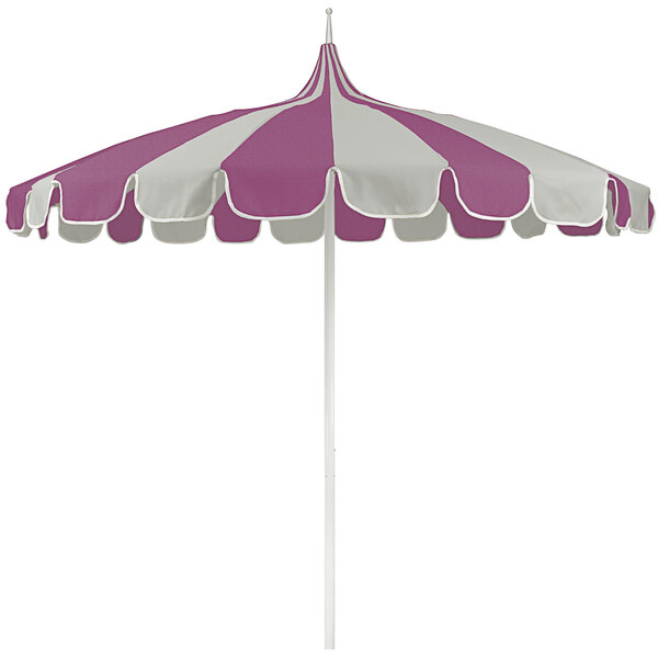 A California Umbrella with a purple and white striped Sunbrella canopy and white aluminum pole.