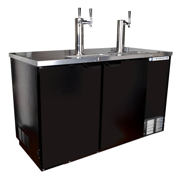 A black Beverage-Air double door kegerator with a single and double wine tap.